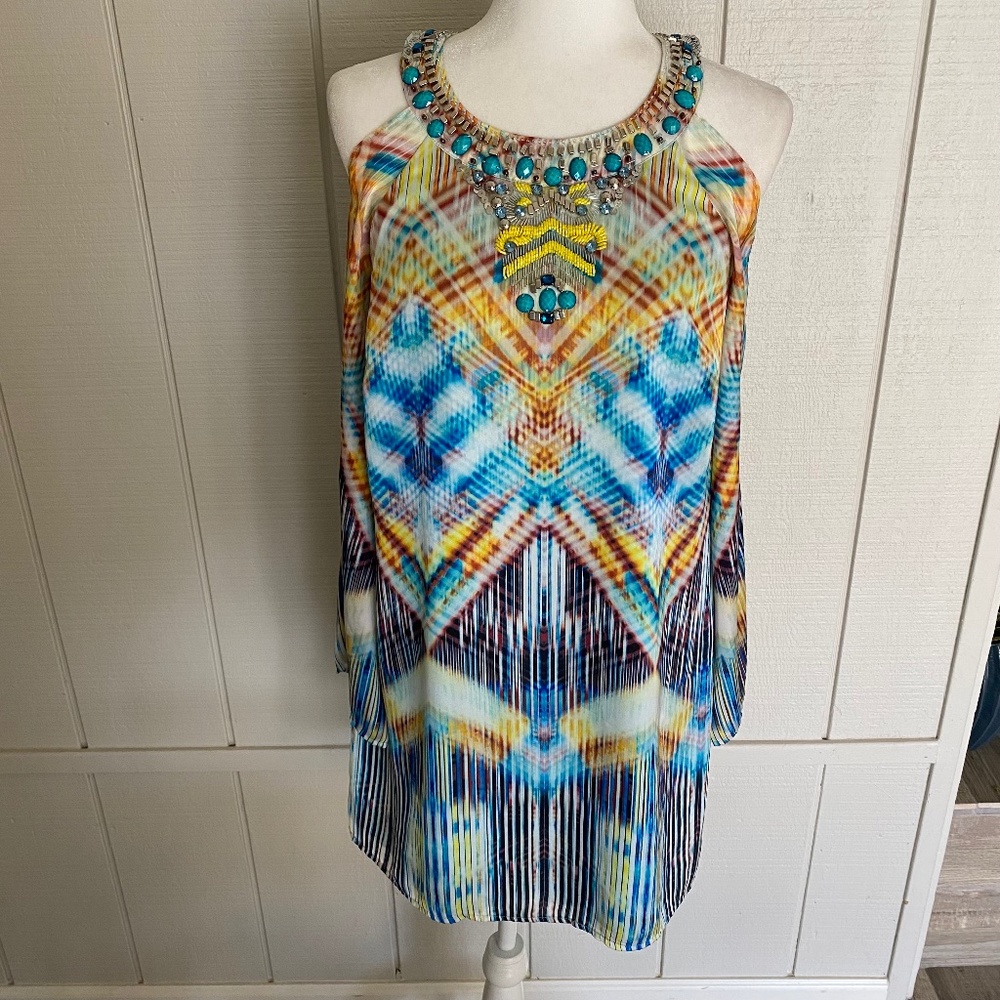BEBE Beaded Cold Shoulder Dress